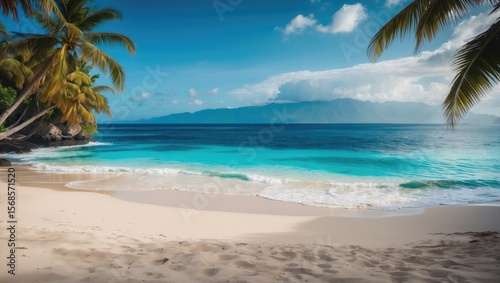 Tropical Sandy Beach With Blue Ocean And Clear Blue Sky Background Image For Nature Background Or Summer Background  With Empty Copy Space For Text