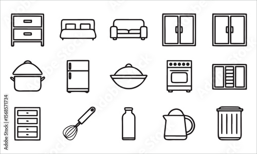 Household objects and furniture icons home kitchenware