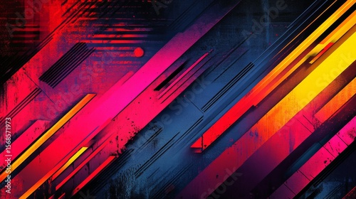 Vibrant abstract design with diagonal lines and bold colors.