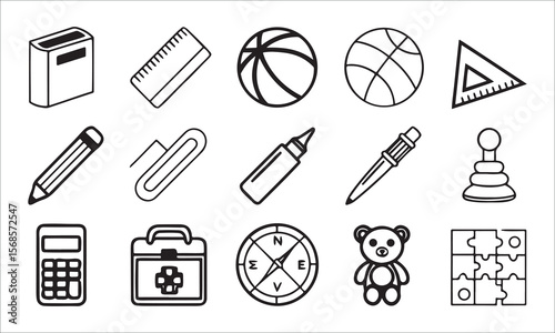 School and office supplies and toys book ruler