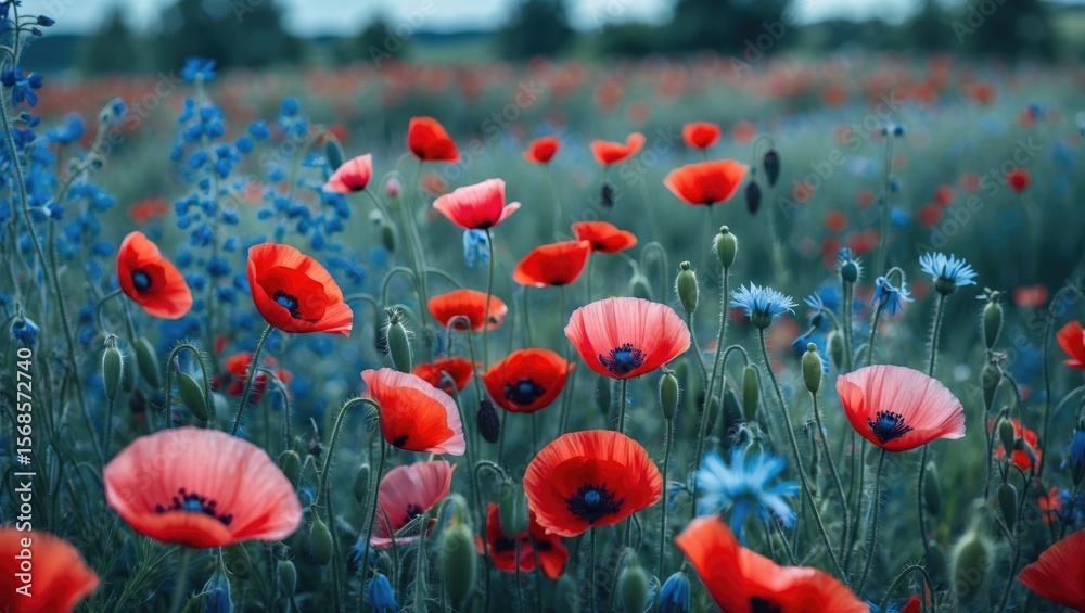 Obraz premium Red Pink Poppy Flowers, Blue Cornflowers. Wild Blossoms Field. Summer Landscape Background With Beautiful Colorful Flowers.. With Empty Copy Space For Text