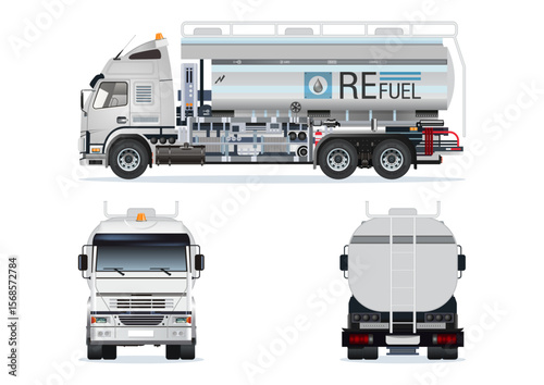Airport Refuel Liquid Oil Tanker Petroleum truck trailer view from different angles vector set Illustration