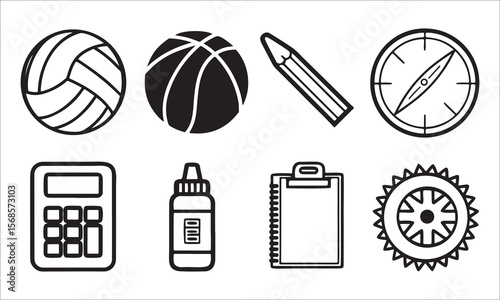 Sports balls pencil compass calculator ink bottle notepad gear