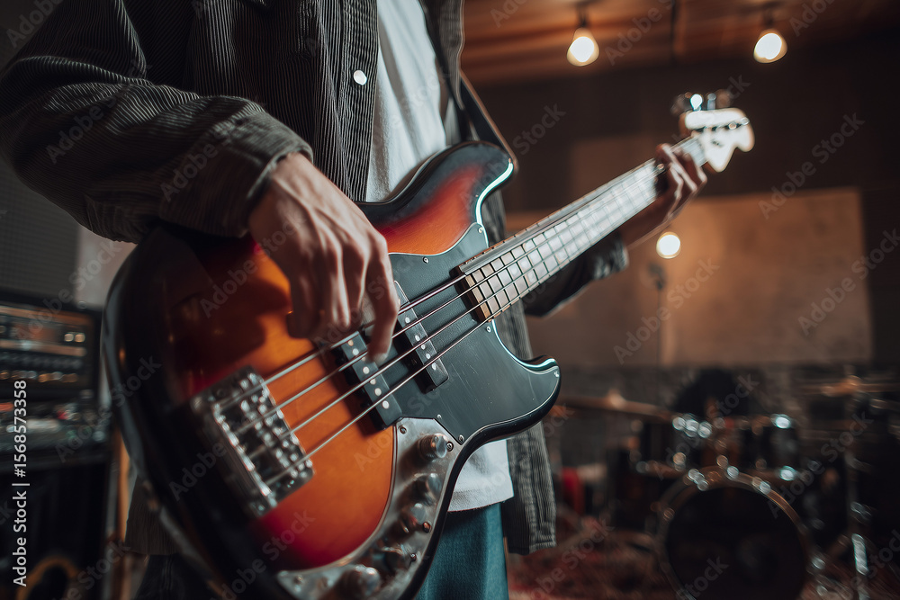 Fototapeta premium Musician playing electric bass guitar during studio rehearsal