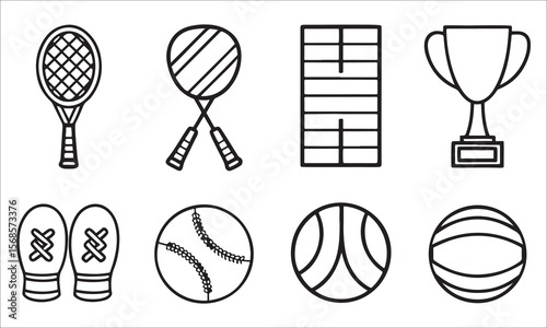Sports equipment and trophy icons tennis racket badminton rackets