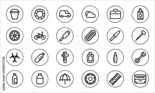 Various objects and symbols in circular frames bucket
