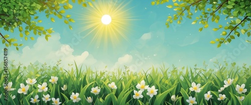 Beauty Spring Day, Abstract Seasonal Backgrounds With Green Foliage And Shining Sun, featuring green foliage and a shining sun with space for text.