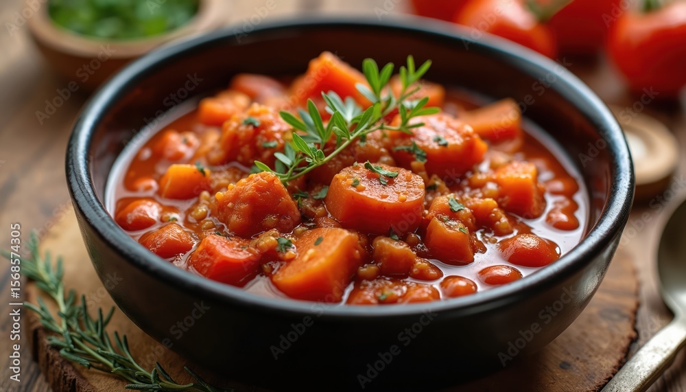 Hearty goulash stew with paprika and beef, simmered with vegetables like carrots in rich tomato sauce. Served in rustic wooden bowl, garnished with fresh thyme herb. Delicious comfort meal. Hearty goulash stew with paprika and beef, simmered with vegetables like carrots in rich tomato sauce. Served in rustic wooden bowl, garnished with fresh thyme herb. Delicious comfort meal.