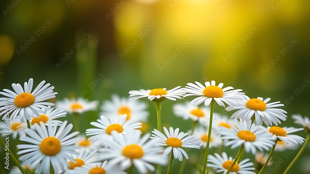 Fototapeta premium Fresh daisies bathed in morning light with a softly blurred green backdrop.