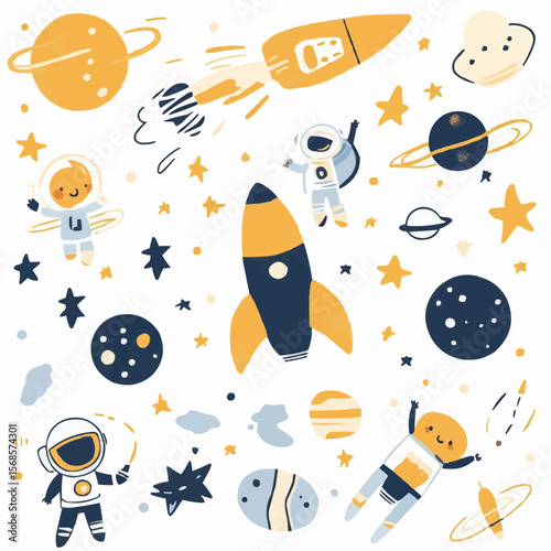 Bright flat cartoon space design with planets, rocket, smiling astronaut and stars for nursery prints, packaging, party decorations and space-themed crafts