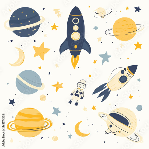 Playful flat space scene with rocket, astronaut, planets, stars and moon in soft colors for nursery wall art, packaging, greeting cards and children’s products
