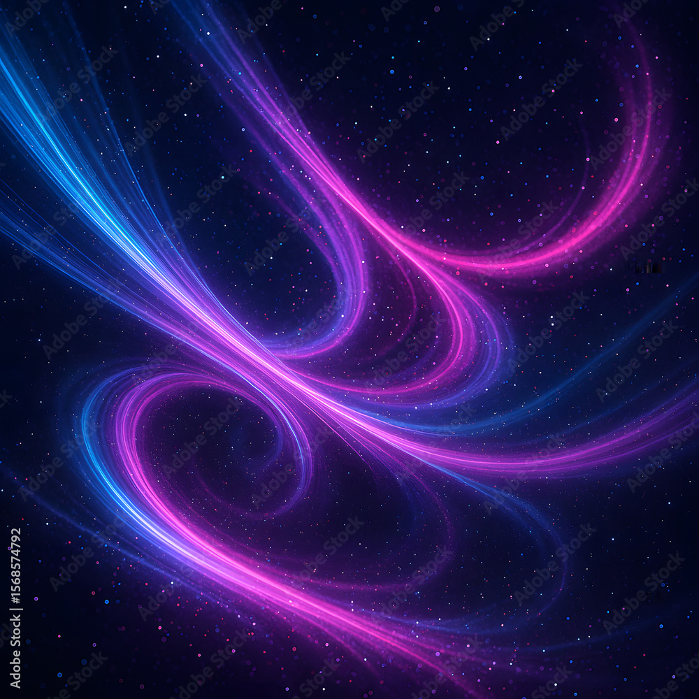 Fototapeta premium Abstract swirls of luminous blue and pink light intertwine against a dark, star-dusted background, creating a cosmic effect