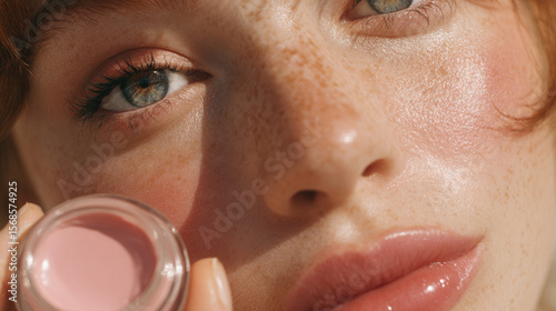 Close up portrait of young woman with freckles applying blush showing natural beauty and makeup routine
