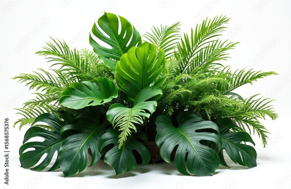 Fototapeta premium lush arrangement of tropical plants featuring monstera, palm, and fern leaves. Rich green foliage is cut out against a clean white background, perfect for design projects and summer themes.