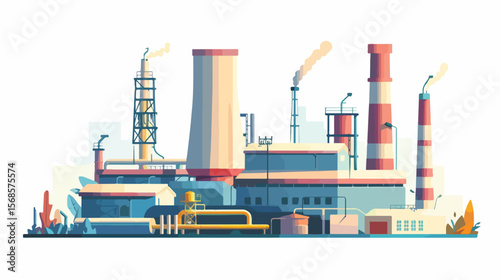 Flat Vector Illustration: Industrial Power Plant with Majestic Smokestack sky oil gas city coal icon