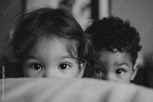 Children Curious peeking: adorable siblings' innocent eyes