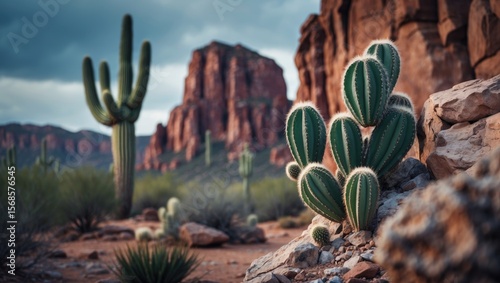 A species of Barrel Cactus growing from rocky terrain with a tall Saguaro Cactus behind it. They frequently grow in rocky landscapes.