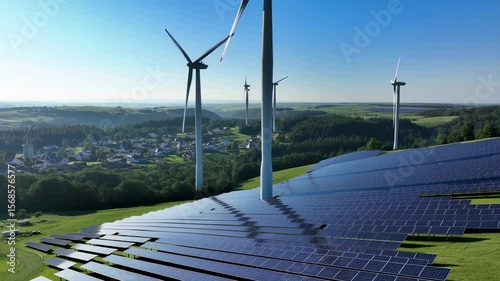 Solar panel fields and wind turbines powering sustainable village
