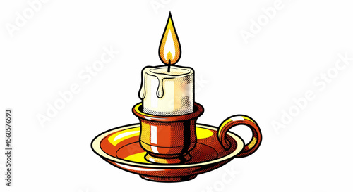 Retro Halftone Lit Candle in a Reddish-Brown Candlestick with a Stylized Orange-Yellow Flame
