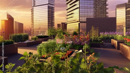 Timelapse of urban garden on rooftop skyscraper during golden hour