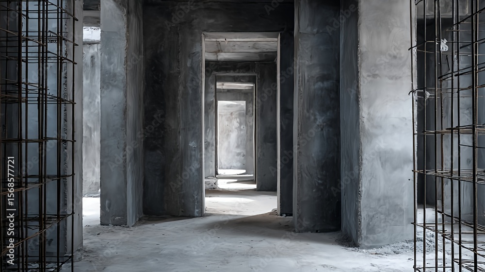 Obraz premium An interior shot of a house under construction, grey cement walls and steel rods visible, it is looks modern and elegant