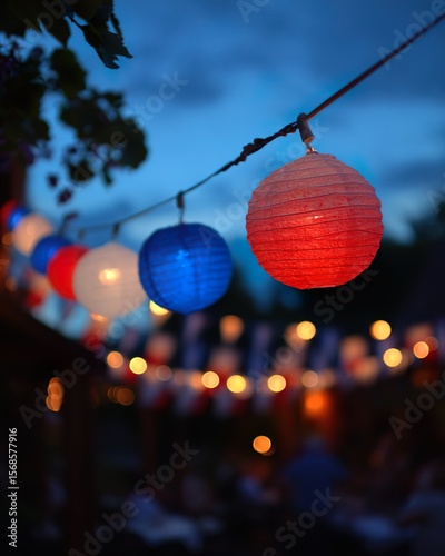 A guinguette evening, July 14th style, with shades of blue, white, and red. At night, garlands of flags and lanterns illuminate the customers who have come to participate with their colorful colors.