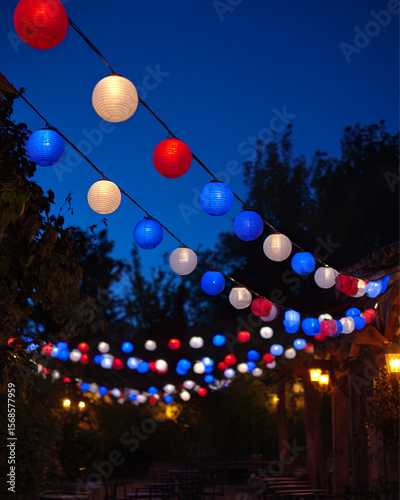A guinguette evening, July 14th style, with shades of blue, white, and red. At night, garlands of flags and lanterns illuminate the customers who have come to participate with their colorful colors.