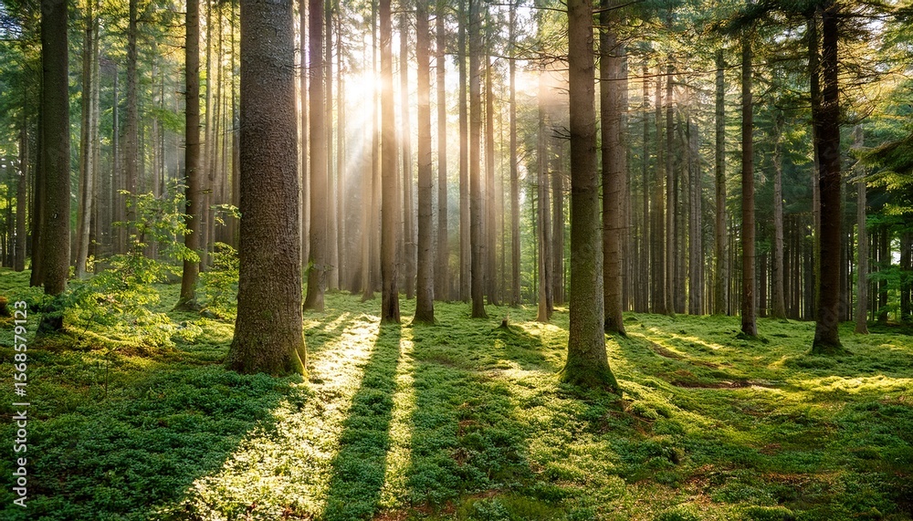 Naklejka premium serene sunlight filtering through tall pine trees in a lush green forest