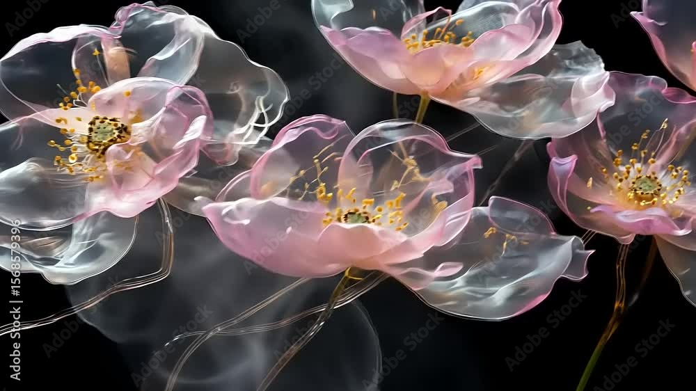 Ethereal Bloom: Translucent Pink Flowers on Black Background