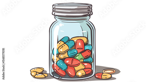 Hand-Drawn Vector Illustration: Pill Jar, Medicine, Healthcare, Pharmacy, Treatment, Wellness,      