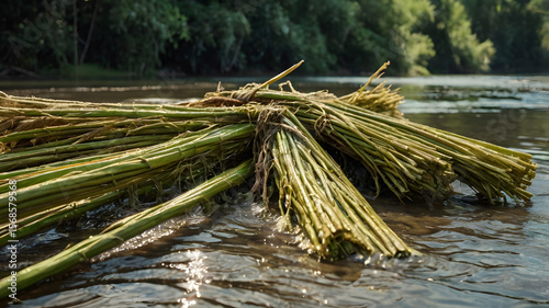 Freshly harvested jute stalks being soaked in river water — green, yellow, and earthy tones, top or side view 2