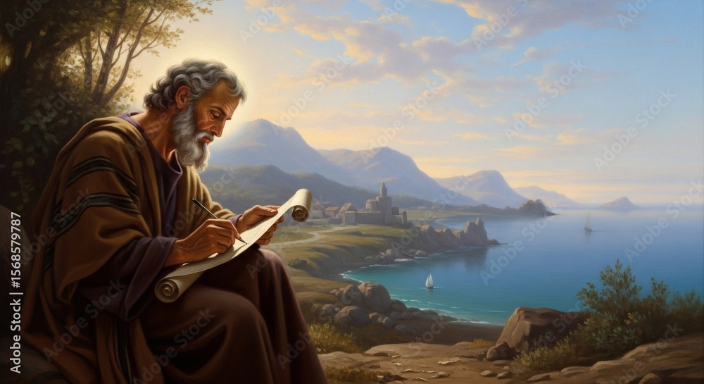 Fototapeta premium Manuscript writer art painting of scribe with scroll at seaside landscape with mountains and ocean view