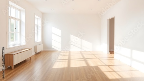 Wallpaper Mural Minimalist living space with wooden floors and white walls, bathed in soft natural light for a tranquil ambiance. Torontodigital.ca