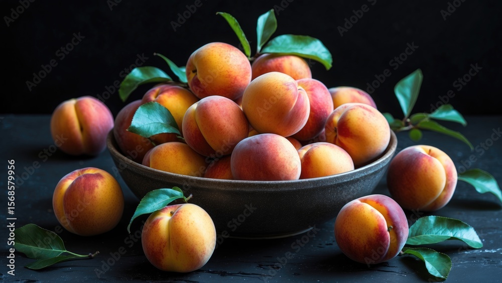 A bowl of ripe nectarines on a black background with some nectarines and leaves outside the bowl. A bowl of ripe nectarines on a black background with some nectarines and leaves outside the bowl.