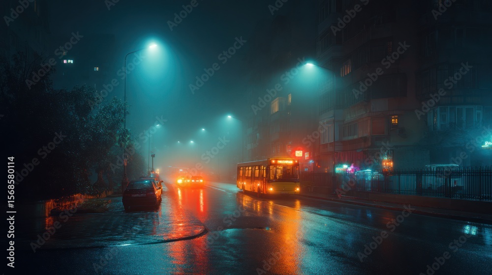 Obraz premium City bus driving through foggy night street wet pavement reflections