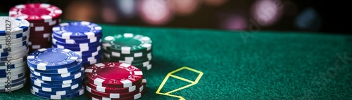 Colorful Casino Chips Stacked on Green Table Felt, Gambling , Poker