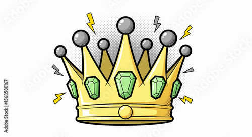 Retro Halftone Yellow Crown with Green Faceted Jewels and Spherical Finials