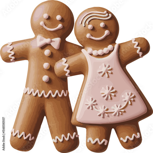 Festive gingerbread man and woman couple celebrating holidays