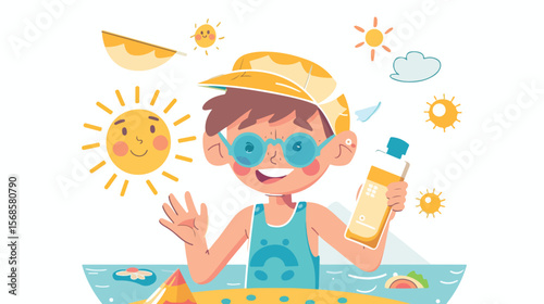 Happy Child Protected from Sun with Sunscreen, Smiling, Summer Fun, Healthy Skin, Carefree Kid,     