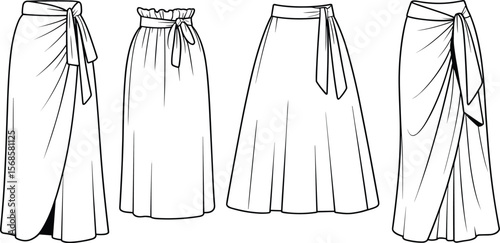 Women's Fashion Skirt Designs Vector Collection with Tie Details, Ideal for Technical Flats, Apparel Development, and Stylish Clothing Line Presentations.