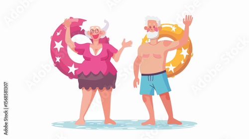 Happy Senior Couple Ready for a Refreshing Swim at the Beach fun man sea sun pool water woman ocean 