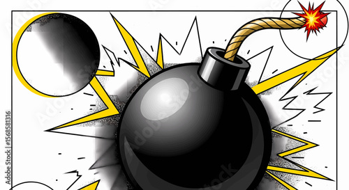 Pop Art Halftone Black Bomb with Golden Fuse and Red Tip