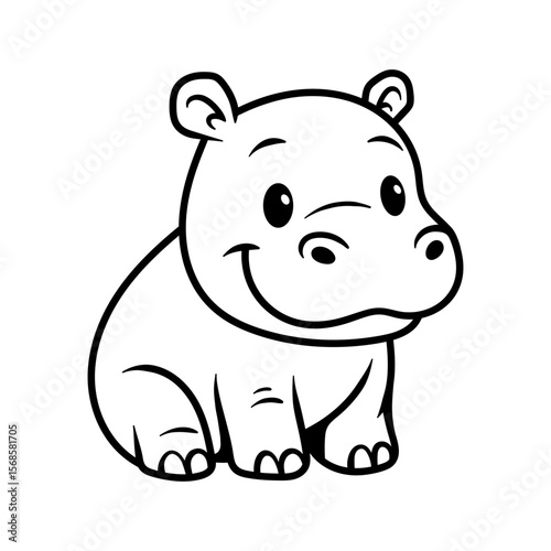 Coloring book for children : fun cute sitting hippo cartoon character isolated drawing line style sketch classic vintage design illustration