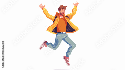 Joyful Jump!  Young Man Soaring in Bright, Colorful Clothing.  Pure Happiness and Energy! fun fit   