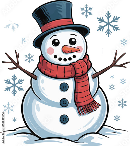 Charming winter snowman illustration with festive elements and bold outlines
