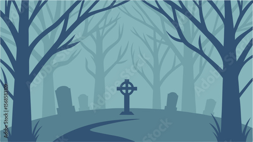 A digital painting of a misty graveyard at twilight with bare trees and tombstones vector