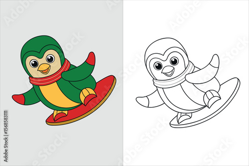 illustration of a penguin sliding kids coloring page