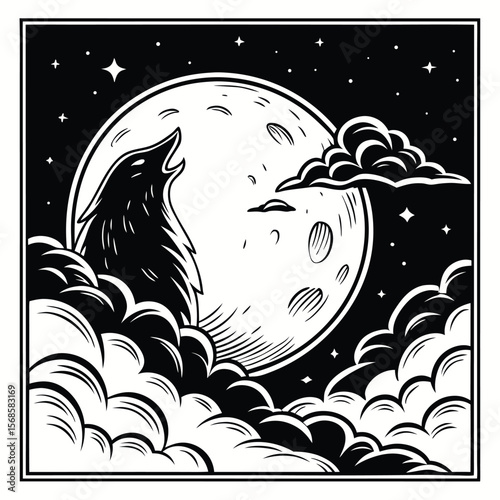 Black and white linocut illustration of a wolf howling at the moon surrounded by clouds and stars night