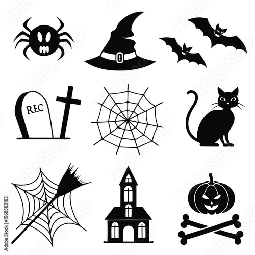 Black and white Halloween icons spider witch hat bats tombstone spiderweb black cat broomstick haunted house pumpkin and crossbones