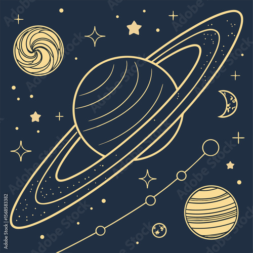 Celestial bodies and stars in vintage style planet saturn
